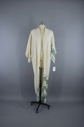 1970s Vintage Silk Kimono Robe / Ivory & Blue Green Watercolor