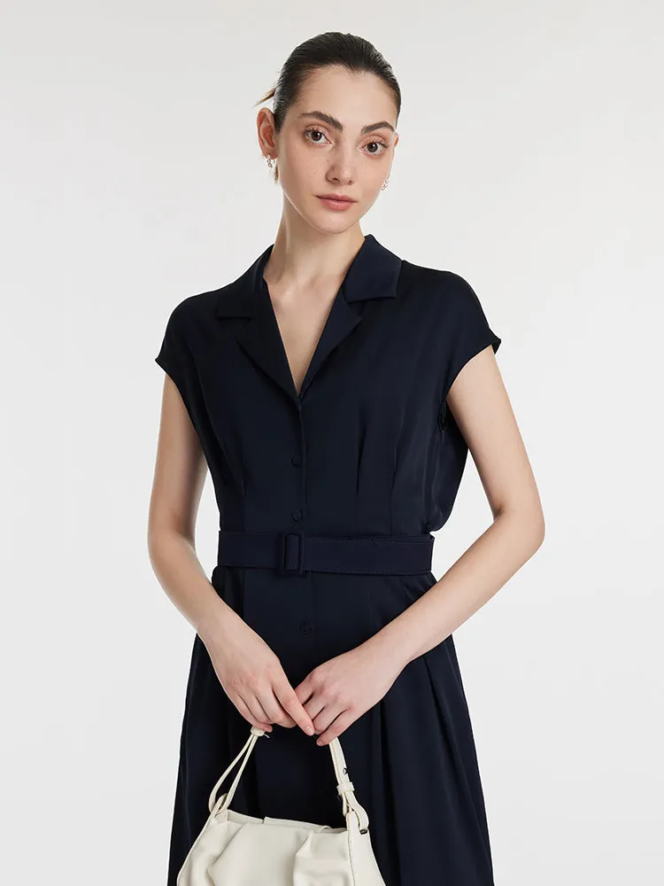 22 Momme Mulberry Silk Lapel Women Midi Dress With Belt