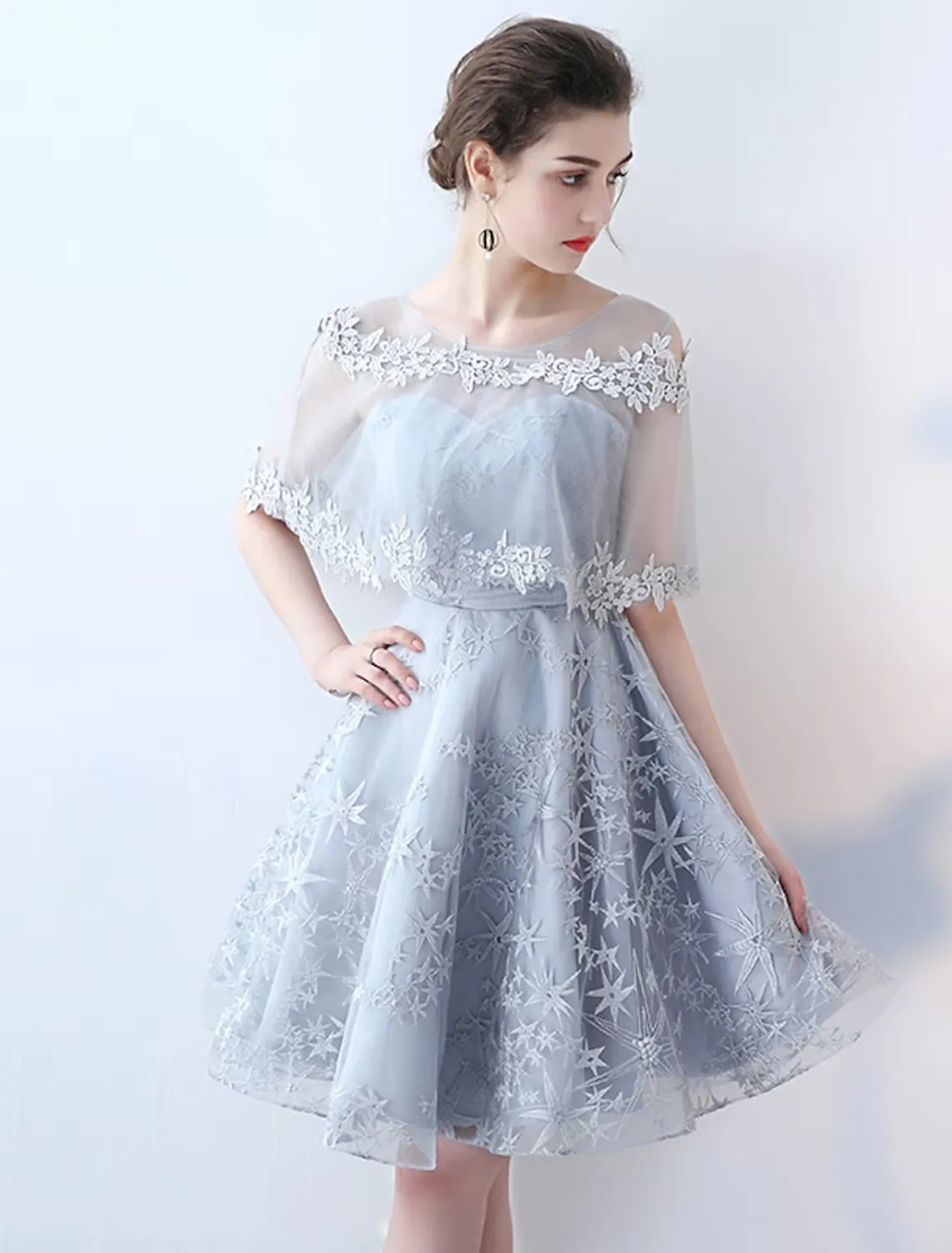A-Line Minimalist Elegant Party Wear Cocktail Party Dress Jewel Neck Half Sleeve Short / Mini Tulle with Lace Insert Pattern / Print