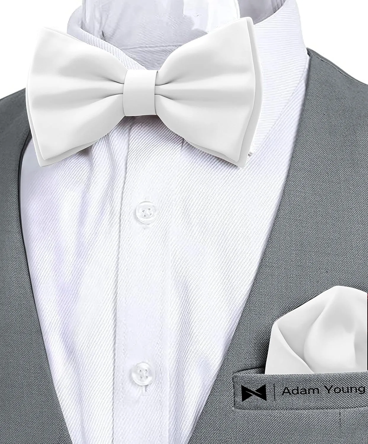 Adam Young Men's Bow Ties with Handkerchief Pre-Tied Style Formal Satin Classic Bowtie for Tuxedo Faux Silk
