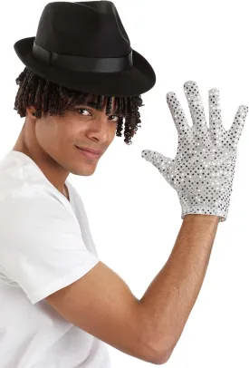 Adult Moonwalk Michael Jackson Costume Kit - Iconic MJ Sequined Glove & Fedora Hat Accessory Set