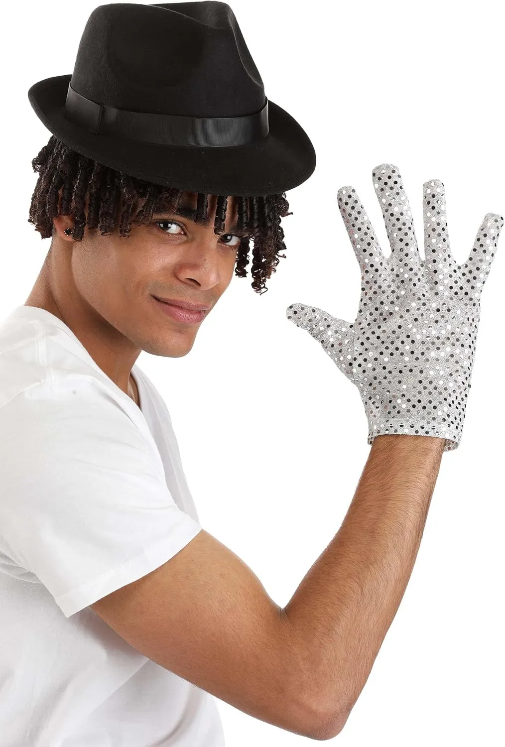 Adult Moonwalk Michael Jackson Costume Kit - Iconic MJ Sequined Glove & Fedora Hat Accessory Set