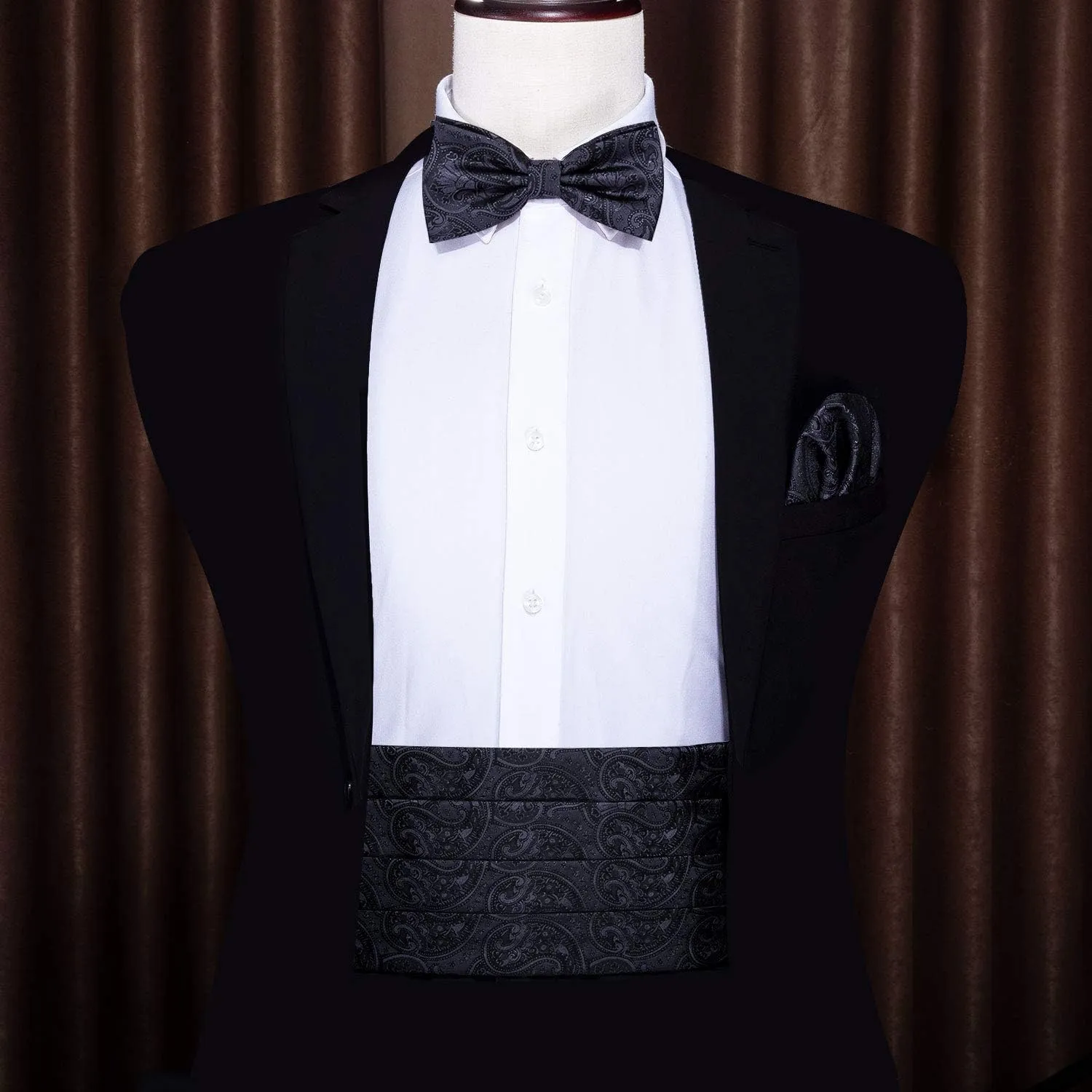 Barry.Wang Men Silk Paisley Cummerbund and Pre-tied Bowtie Handkerchief Cufflink Set for Tuxedo