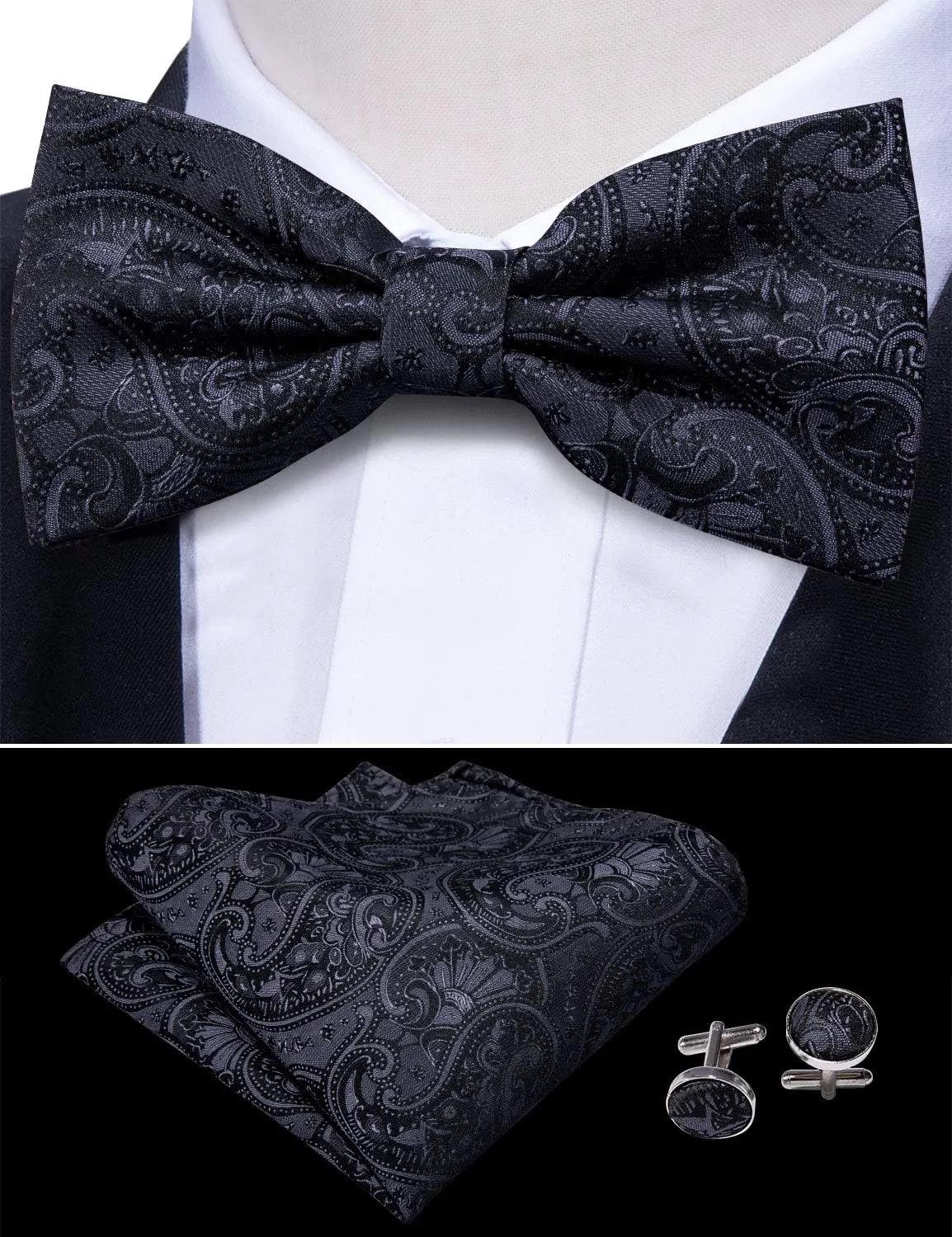 Barry.Wang Men Silk Paisley Cummerbund and Pre-tied Bowtie Handkerchief Cufflink Set for Tuxedo