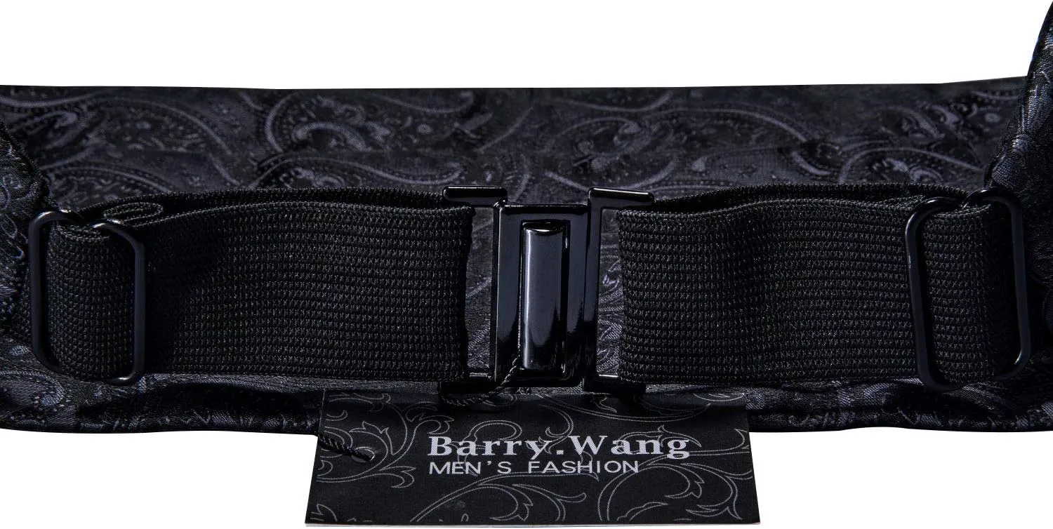 Barry.Wang Men Silk Paisley Cummerbund and Pre-tied Bowtie Handkerchief Cufflink Set for Tuxedo