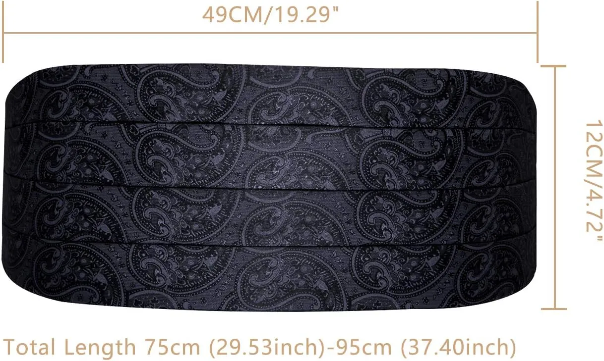 Barry.Wang Men Silk Paisley Cummerbund and Pre-tied Bowtie Handkerchief Cufflink Set for Tuxedo