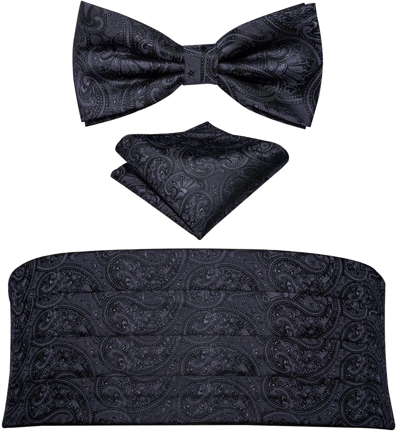 Barry.Wang Men Silk Paisley Cummerbund and Pre-tied Bowtie Handkerchief Cufflink Set for Tuxedo