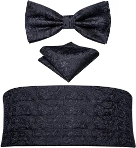 Barry.Wang Men Silk Paisley Cummerbund and Pre-tied Bowtie Handkerchief Cufflink Set for Tuxedo