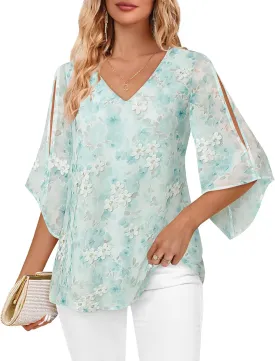 Bebonnie Womens Ruffle 3/4 Sleeve V Neck Double Layers Chiffon Blouses Dressy Tops