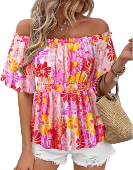 Bebonnie Women's Summer Off The Shoulder Short Sleeve Chiffon Blouse Ruffle Hem Tops