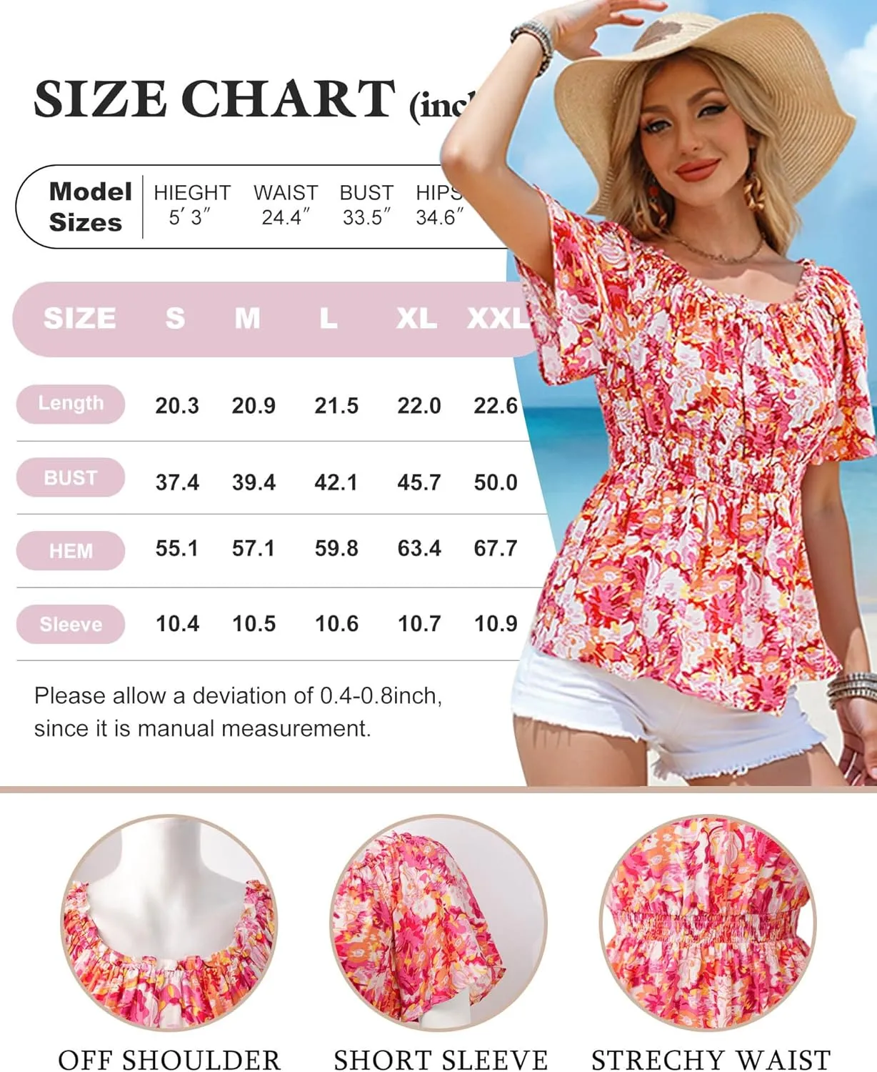 Bebonnie Women's Summer Off The Shoulder Short Sleeve Chiffon Blouse Ruffle Hem Tops