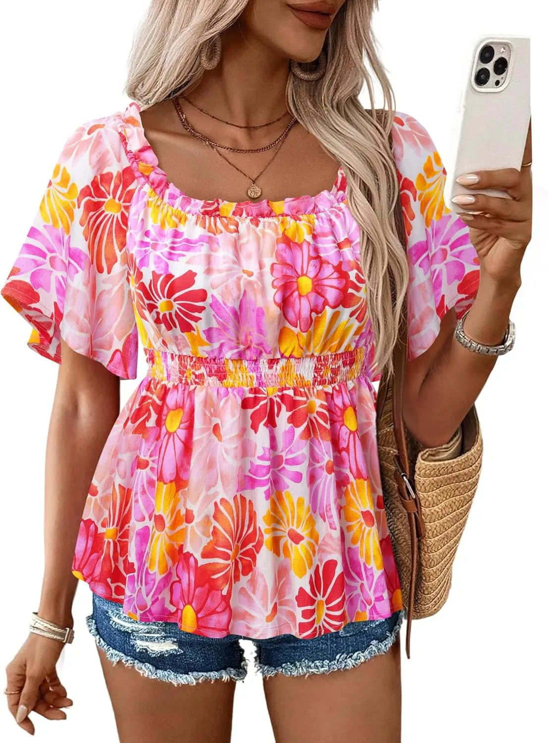 Bebonnie Women's Summer Off The Shoulder Short Sleeve Chiffon Blouse Ruffle Hem Tops