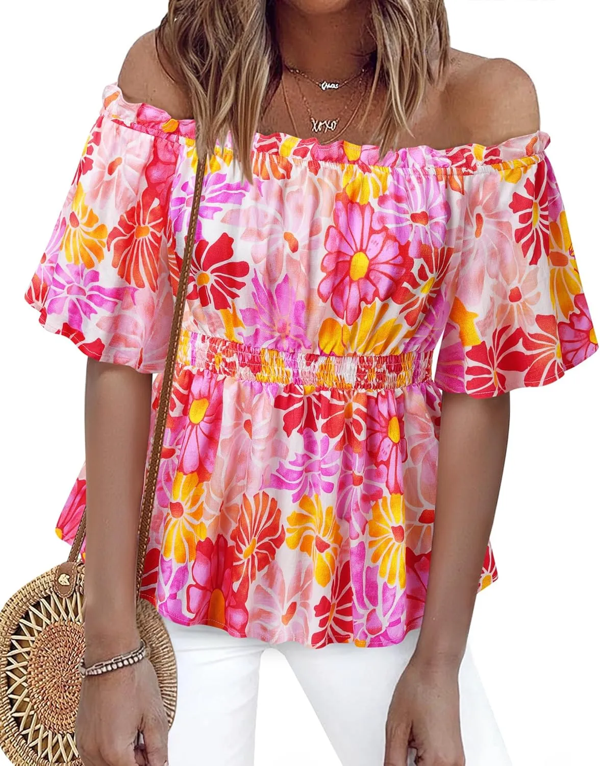 Bebonnie Women's Summer Off The Shoulder Short Sleeve Chiffon Blouse Ruffle Hem Tops