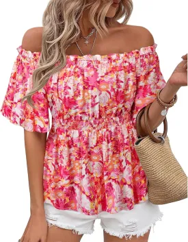 Bebonnie Women's Summer Off The Shoulder Short Sleeve Chiffon Blouse Ruffle Hem Tops