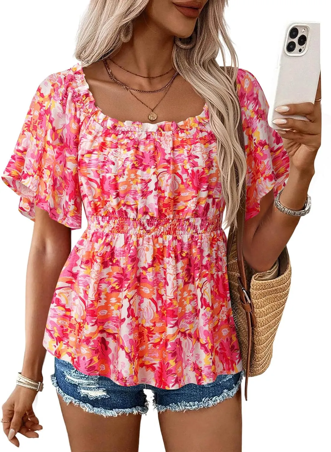 Bebonnie Women's Summer Off The Shoulder Short Sleeve Chiffon Blouse Ruffle Hem Tops