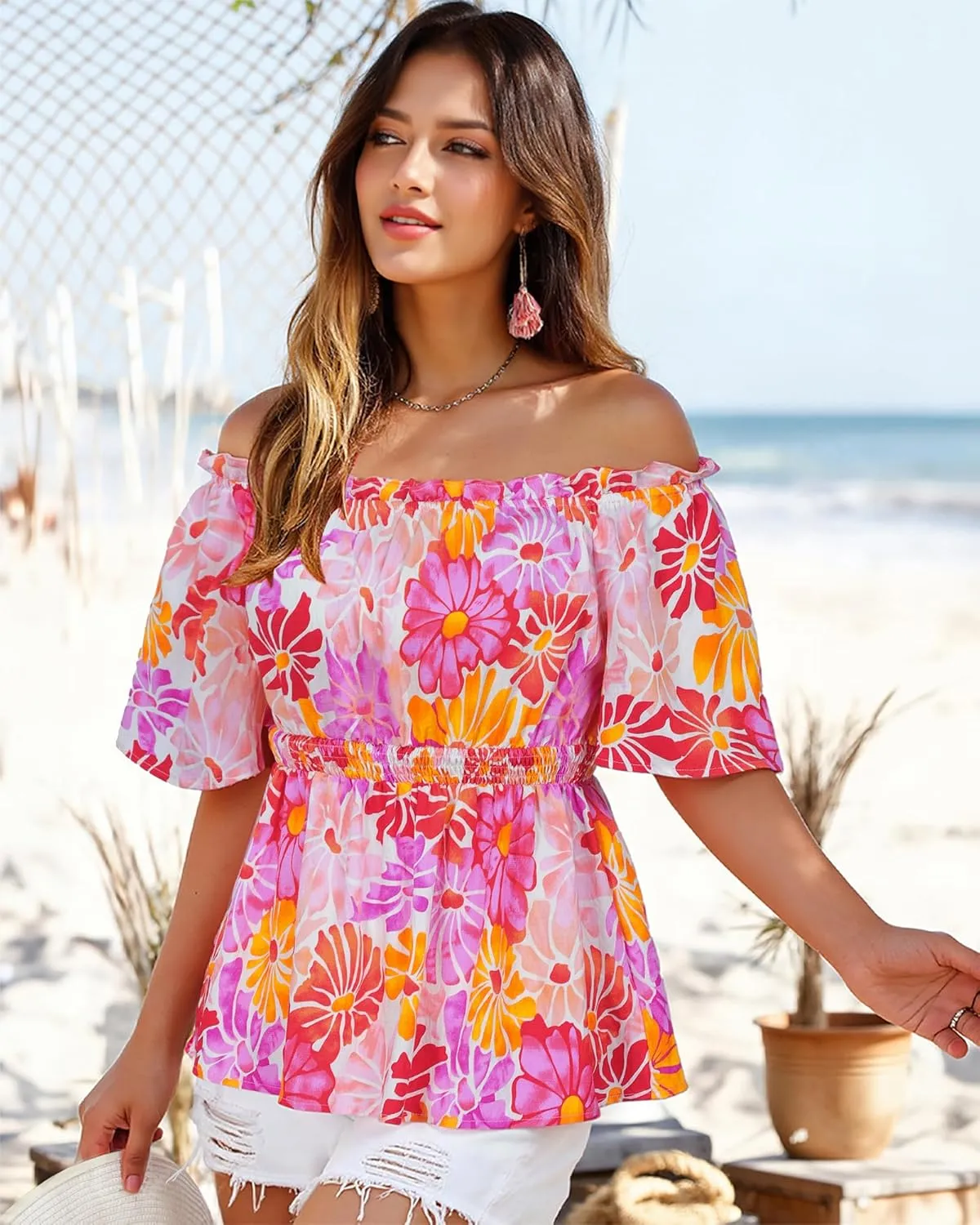 Bebonnie Women's Summer Off The Shoulder Short Sleeve Chiffon Blouse Ruffle Hem Tops