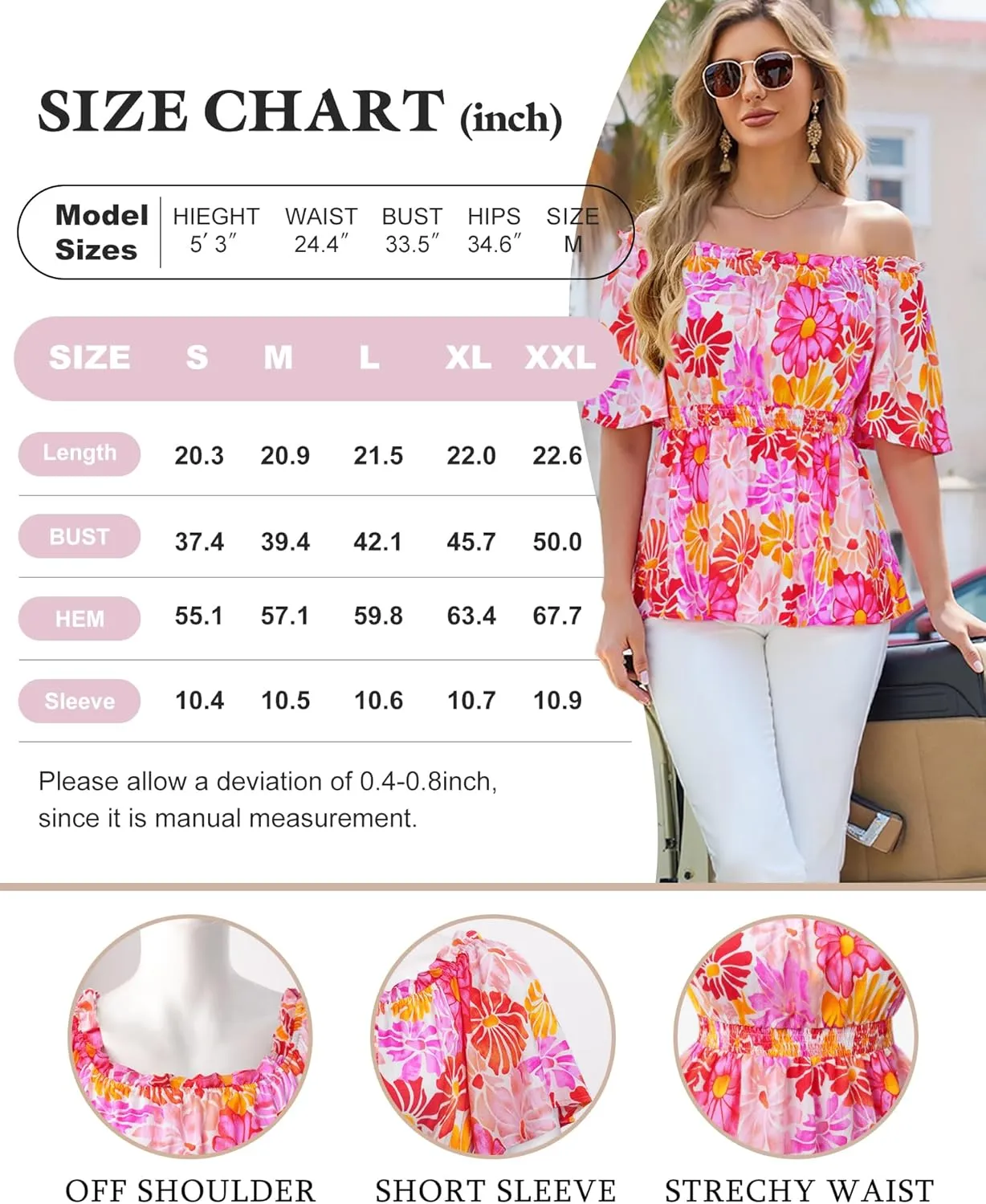 Bebonnie Women's Summer Off The Shoulder Short Sleeve Chiffon Blouse Ruffle Hem Tops