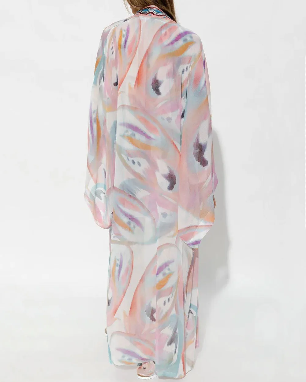 Beige Butterfly Silk Print Embroidered Long Cardigan