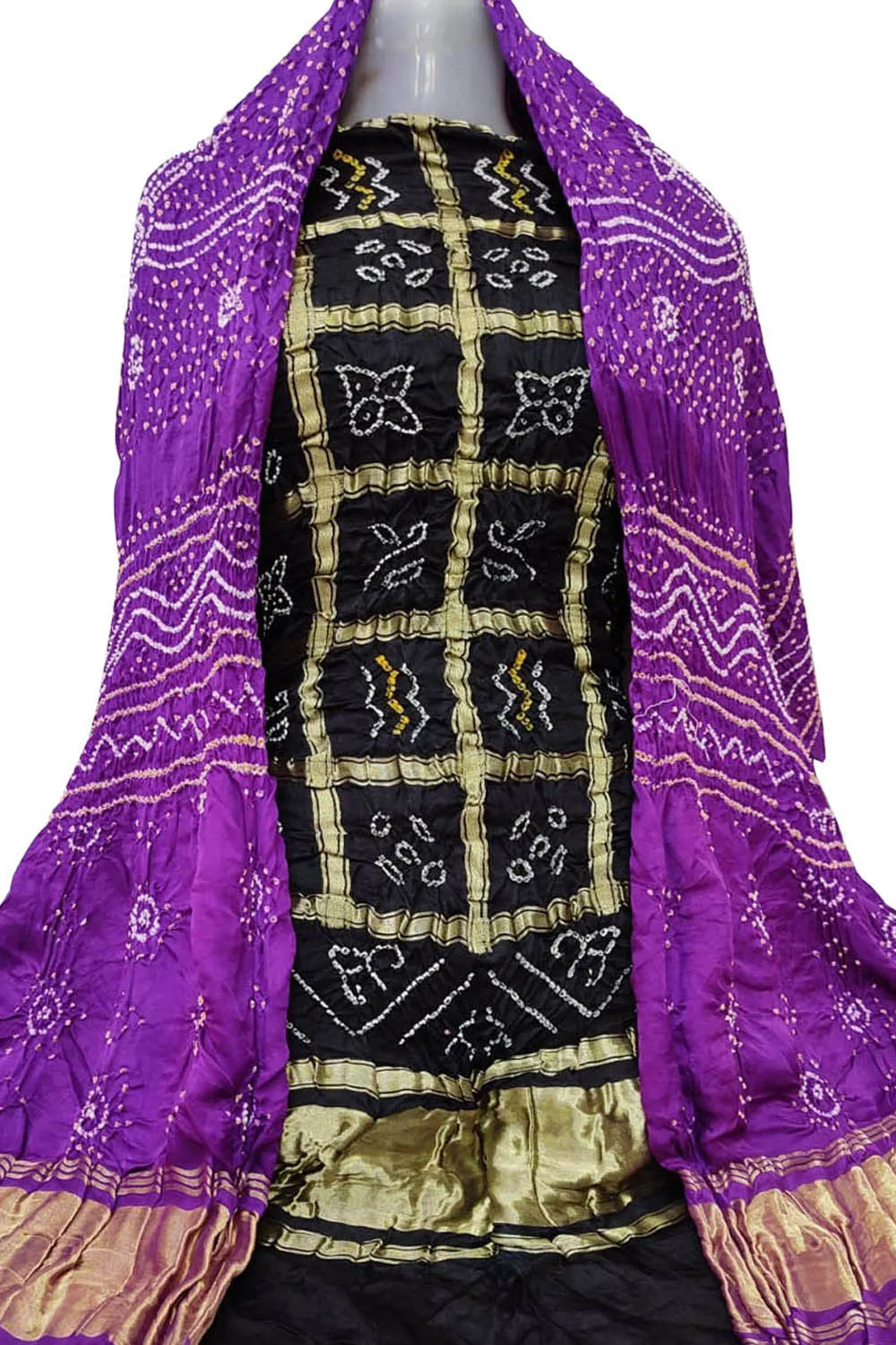 Black And Purple Bandhani Pure Gajji Silk Two Piece Unstitched Suit Set