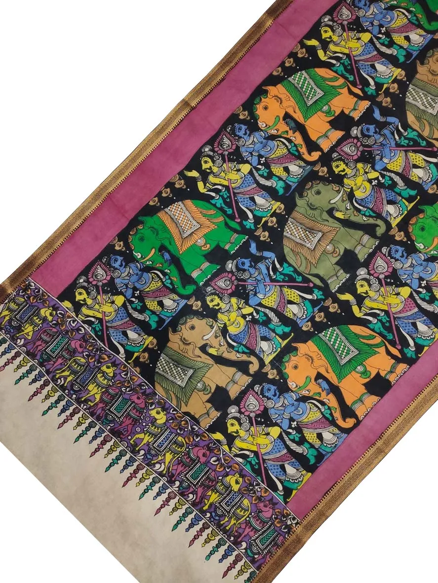 Black Kalamkari Hand Painted Pure Bangalore Silk Dupatta