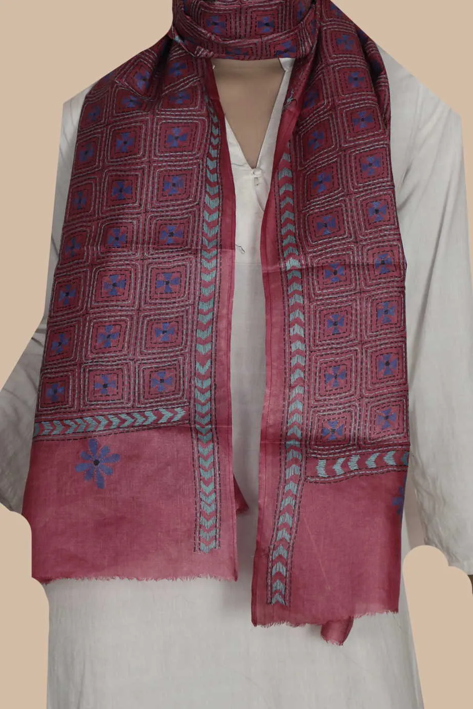 Blue Motifs on Maroon Kantha Silk Stole