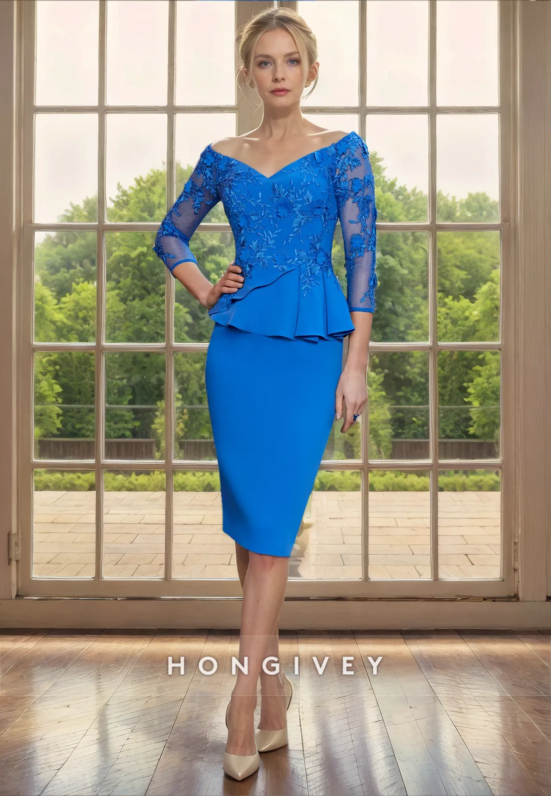 Chic Fitted V-Neck Long Sleeve Lace Applique Knee-Length Mother of the Bride Dress