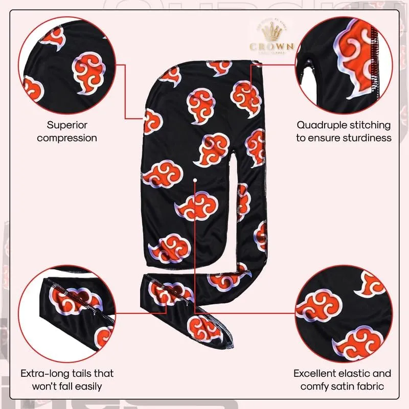 CROWN Silky Durag with Long Tails and Quadruple Stitching - Smooth Silk Fabric Durags for Comfort and Compression