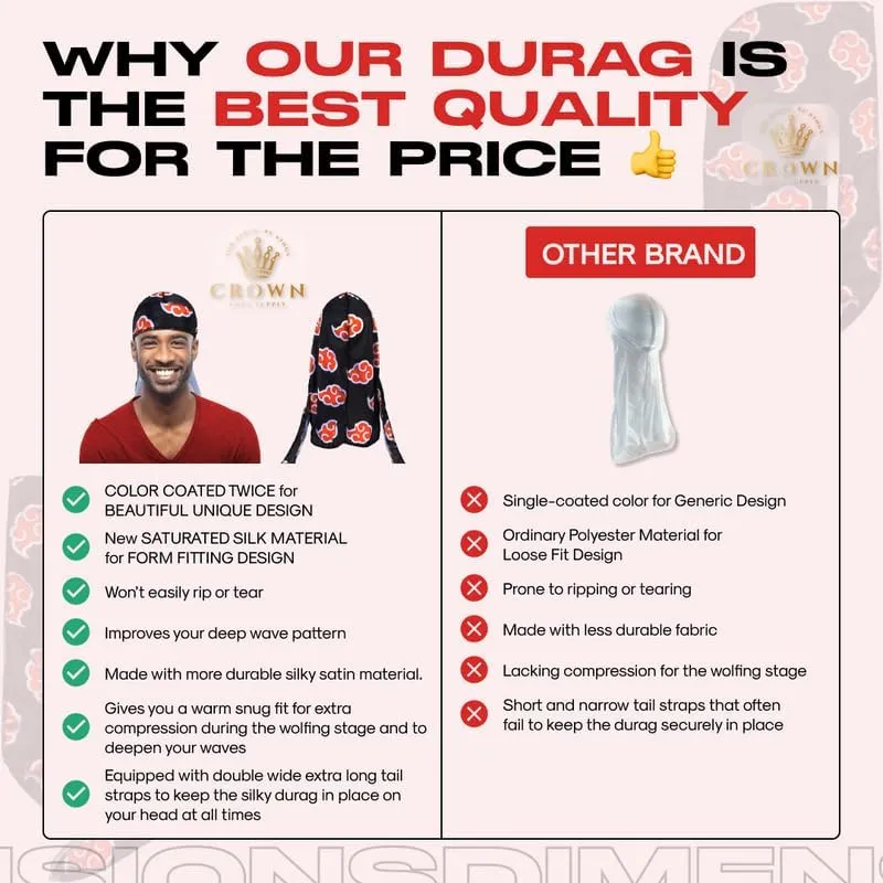 CROWN Silky Durag with Long Tails and Quadruple Stitching - Smooth Silk Fabric Durags for Comfort and Compression