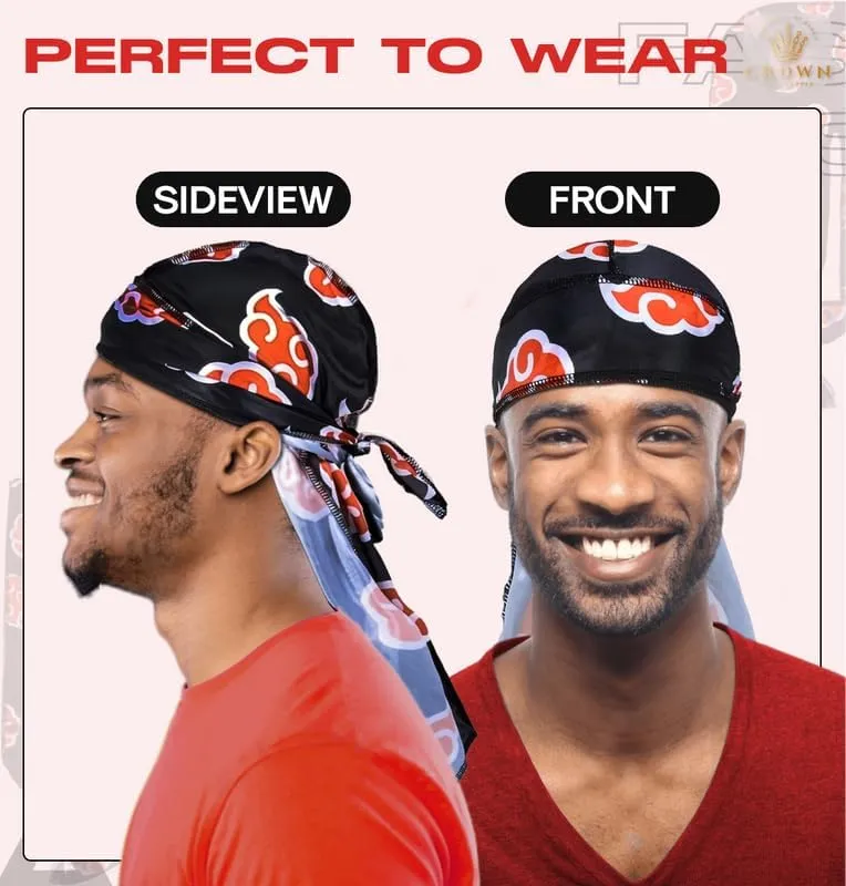 CROWN Silky Durag with Long Tails and Quadruple Stitching - Smooth Silk Fabric Durags for Comfort and Compression