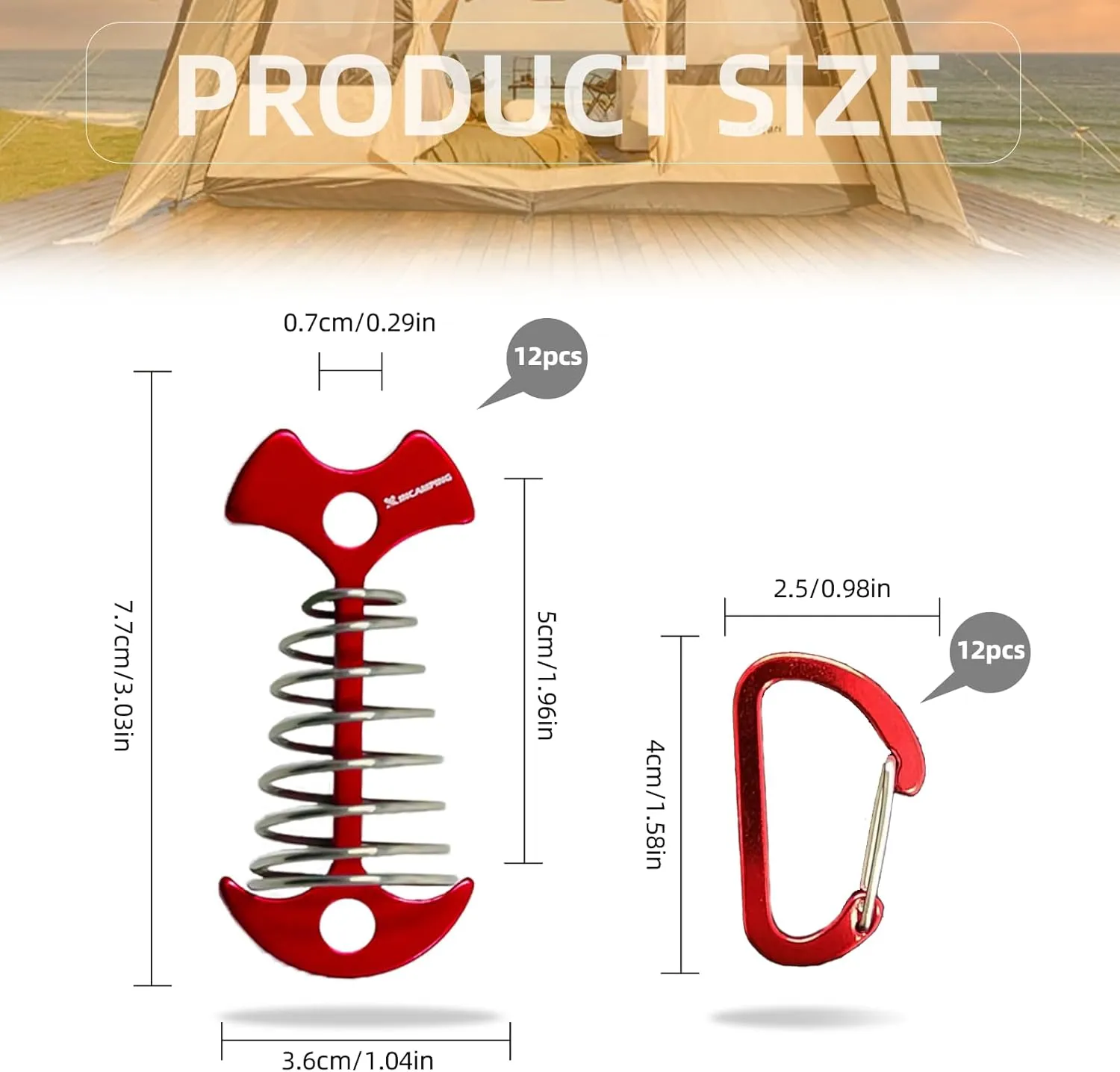 Deck Anchors XINCAMPING 12pcs Aluminum Tent Pegs for Wooden Decks, Windproof Rope Tighteners & Adjusters for Tents, Canopies, Camping Furniture Red