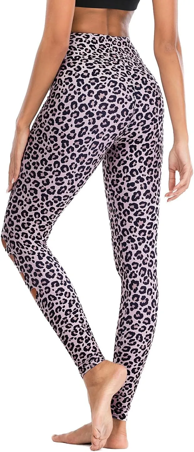 DIBAOLONG Womens High Waist Yoga Pants Cutout Ripped Tummy Control Workout Running Yoga Skinny Leggings