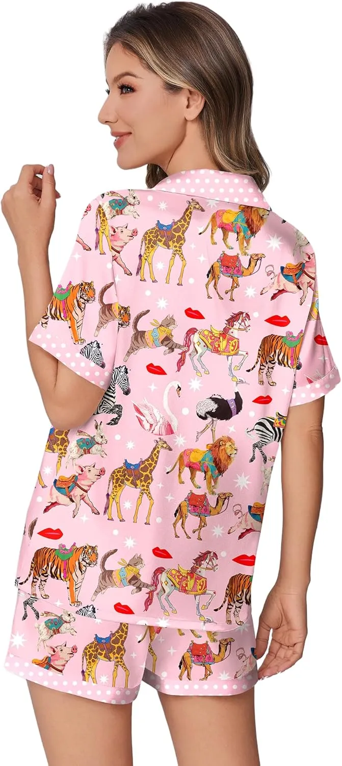 Ekouaer Womens Silk Satin Pajamas Set Animals Print Pjs Button Down Short Sleeve Lounge Set 2 Piece Sleepwear