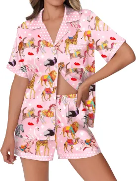 Ekouaer Womens Silk Satin Pajamas Set Animals Print Pjs Button Down Short Sleeve Lounge Set 2 Piece Sleepwear
