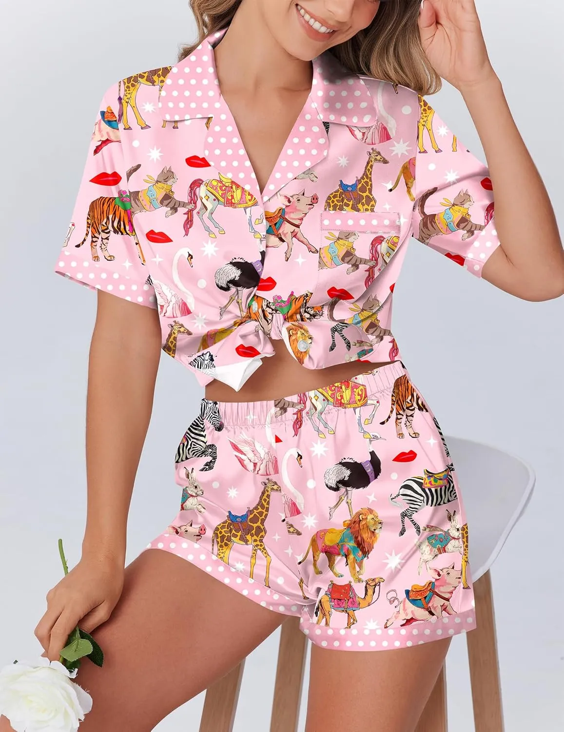 Ekouaer Womens Silk Satin Pajamas Set Animals Print Pjs Button Down Short Sleeve Lounge Set 2 Piece Sleepwear