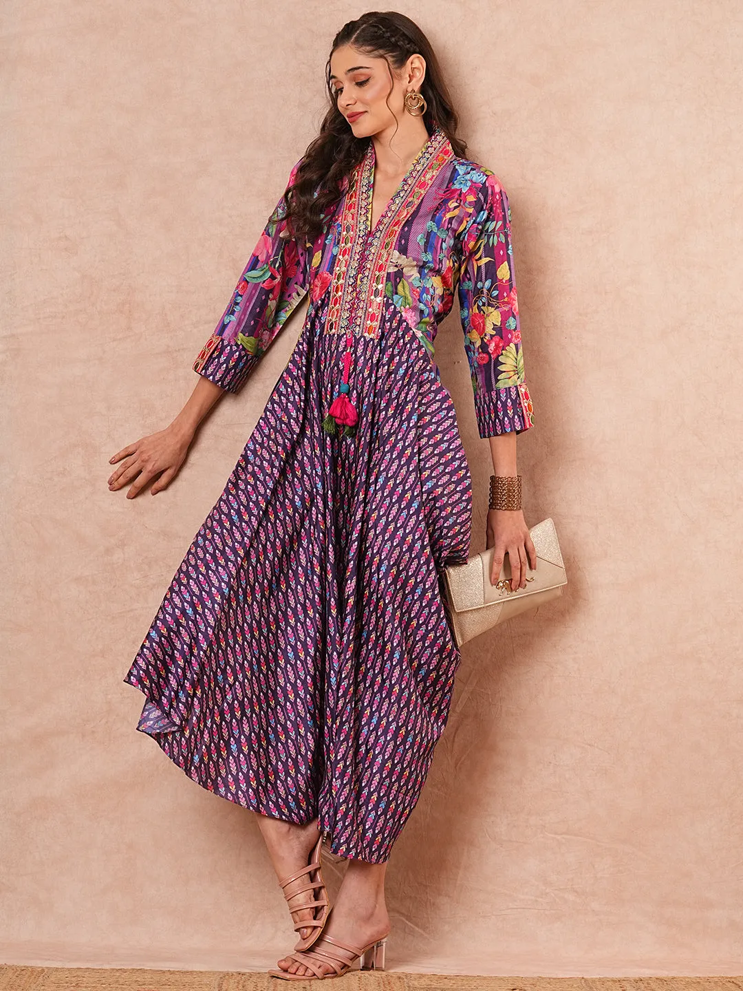 Ethnic Embroidered & Printed A-Line Cowl Maxi Dress - Purple