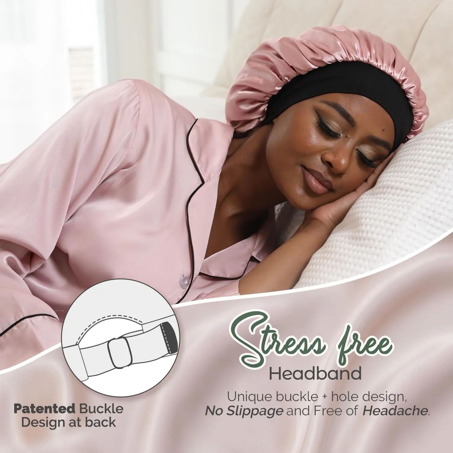 Hat Hut Satin Bonnet Silk Bonnet Sleep Cap for Women Hair Bonnet for Curly Hair Sleeping Adjustable Wide Band Double Layer