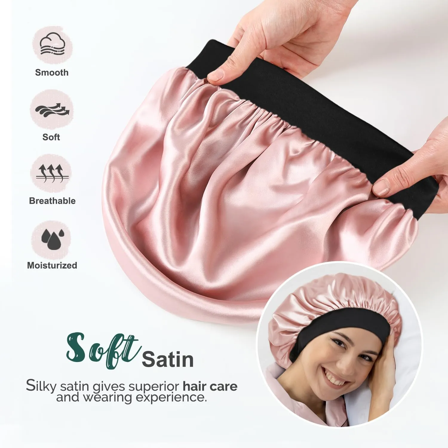 Hat Hut Satin Bonnet Silk Bonnet Sleep Cap for Women Hair Bonnet for Curly Hair Sleeping Adjustable Wide Band Double Layer