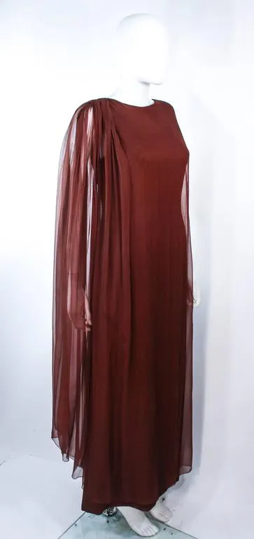 JAMES GALANOS 1970s Brown Silk Chiffon Draped Gown Size 4-6
