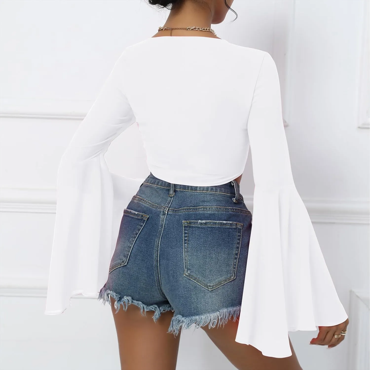 Mesh Tops for Women Bell Sleeve Rave Outfits Tie Front Crop Top Long Sleeve Shirt Sheer Blouse Festival