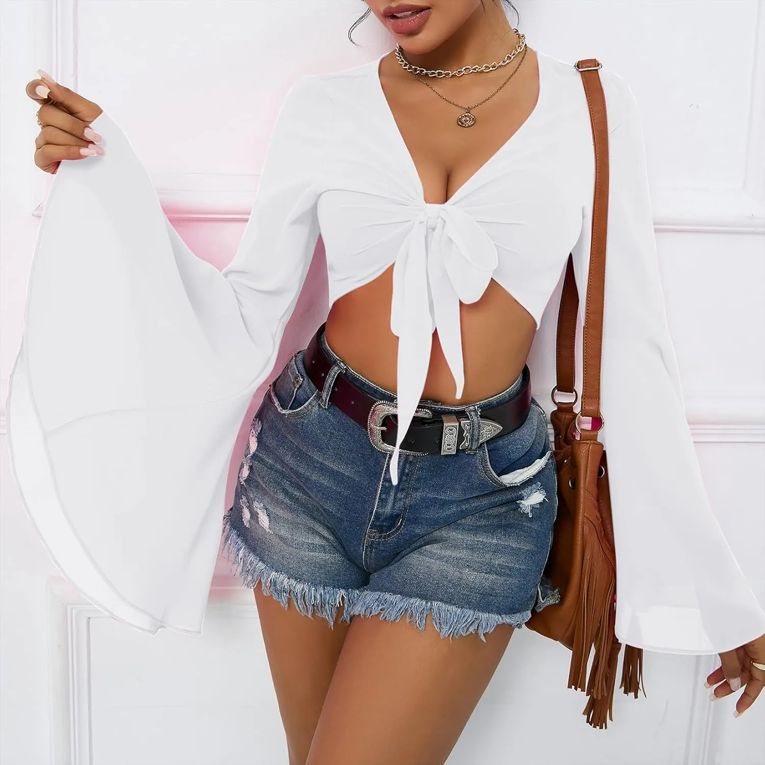 Mesh Tops for Women Bell Sleeve Rave Outfits Tie Front Crop Top Long Sleeve Shirt Sheer Blouse Festival