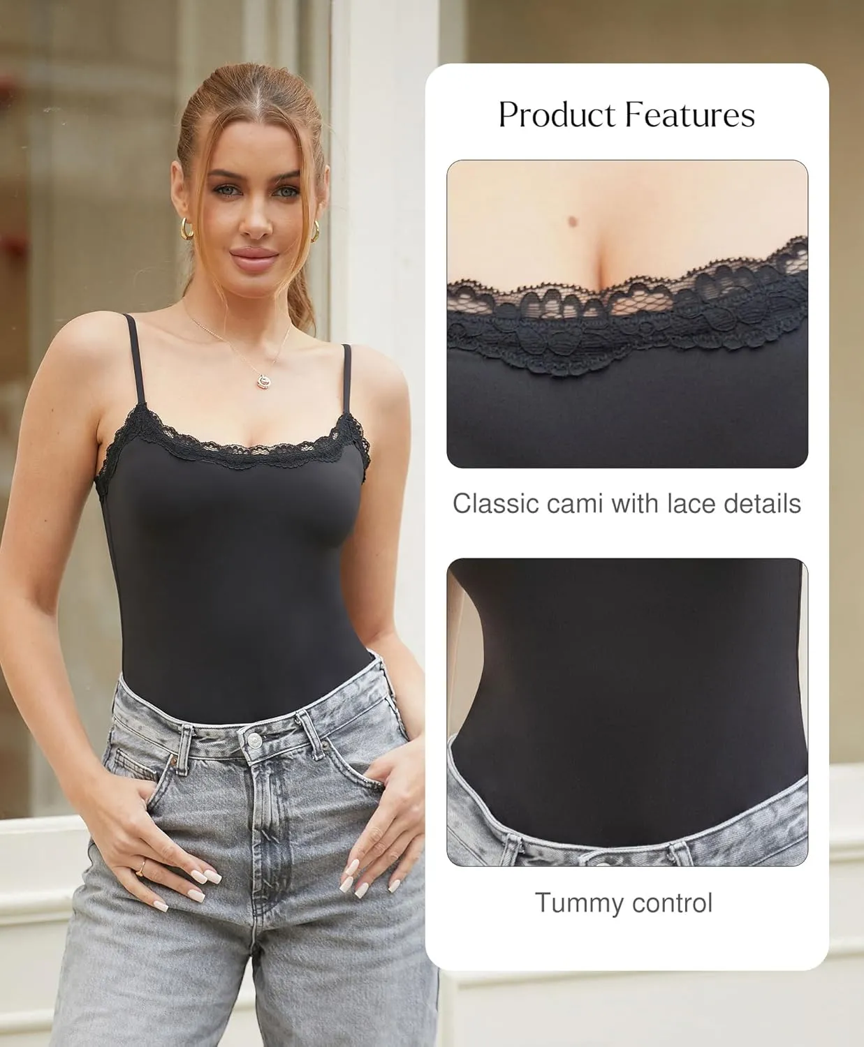 Popilush Lace Body Suits Women - Spaghetti Strap Tank Top Square Neck Camisole Cute Going Out Tops Bodysuit Concert Outfits