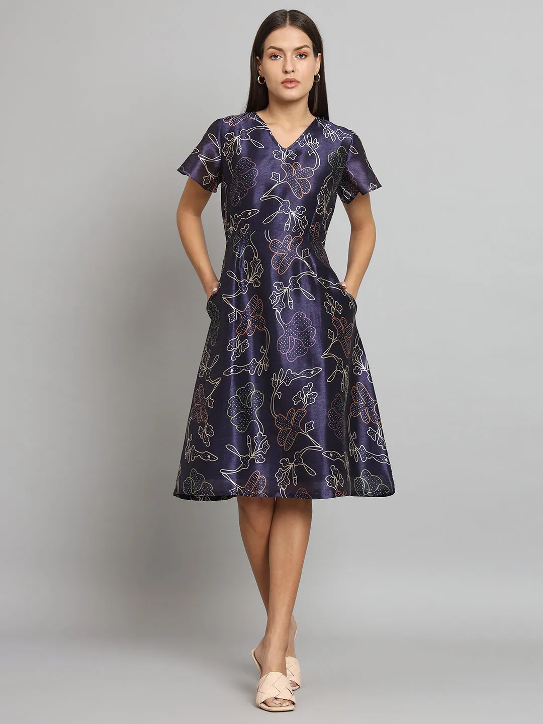 Printed Silk A-Line dress- Blue
