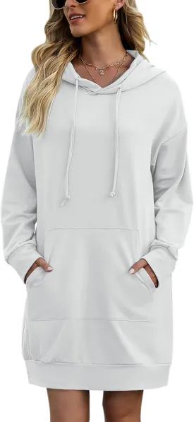 Quenteen Women Hoodies Dress Hooded Sweatshirts Dress Casual Long Sleeve Tunic Dress Oversized Sweatshirts with Pocket