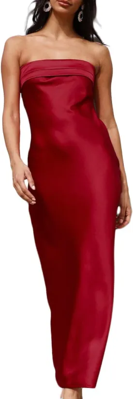 Realtix Satin Silk Backless Tube Tops Maxi Dress for Women Low Back Hollow Out Elegant Strapless Long Dresses Wedding Guest