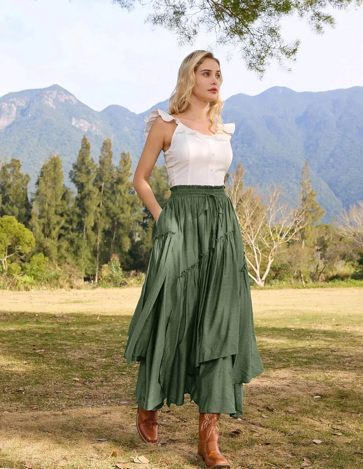 Scarlet Darkness Women Renaissance Layered Long Skirt Elastic High Waist Tiered Skirt with Pockets