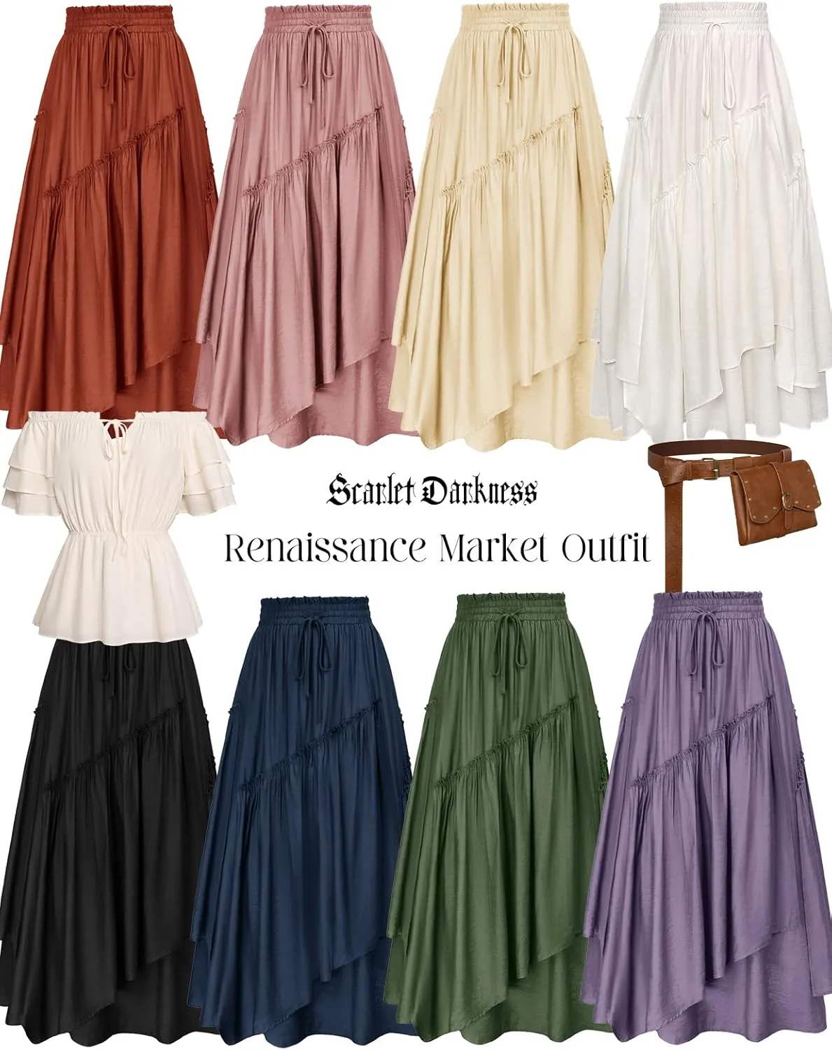 Scarlet Darkness Women Renaissance Layered Long Skirt Elastic High Waist Tiered Skirt with Pockets