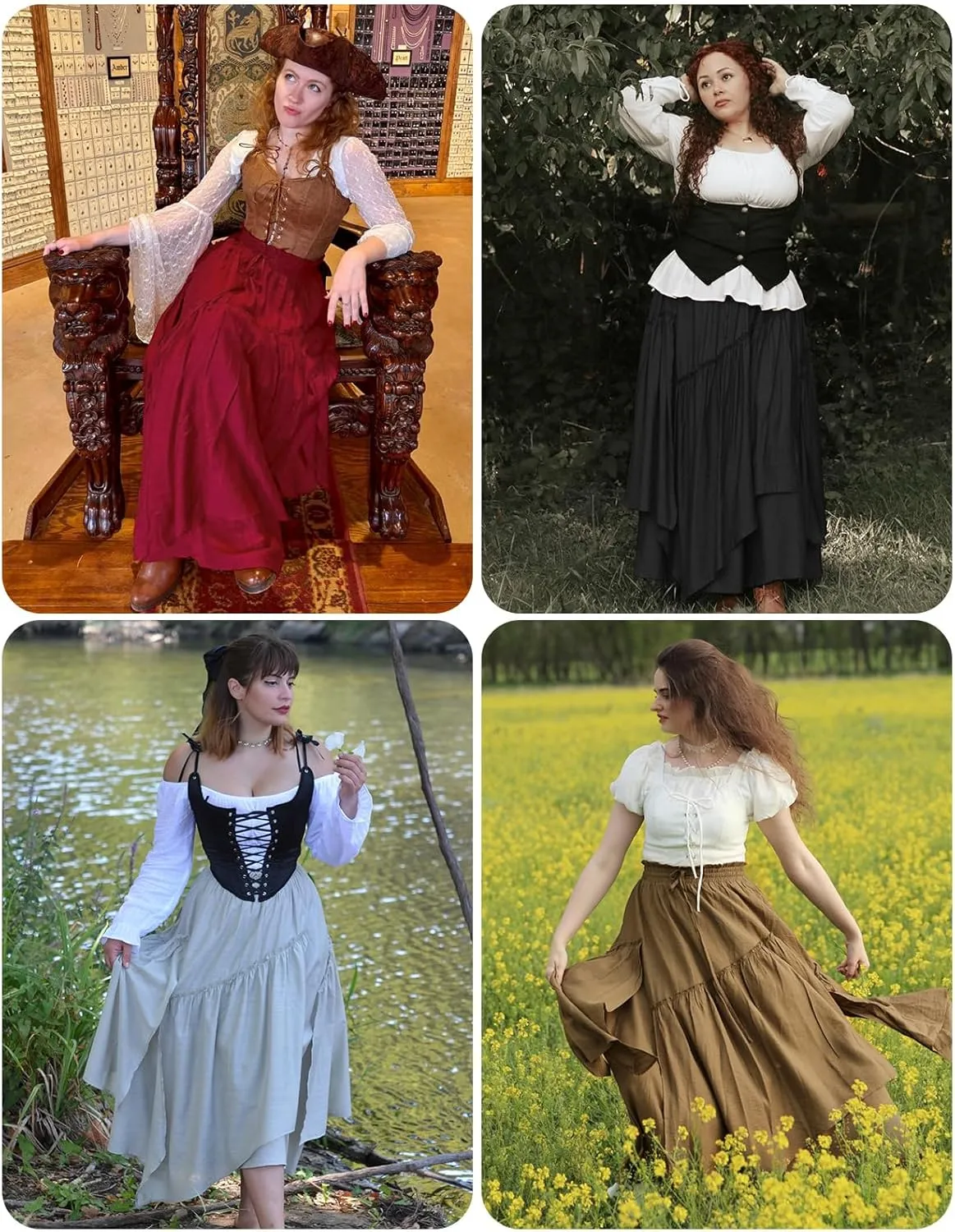 Scarlet Darkness Women Renaissance Layered Long Skirt Elastic High Waist Tiered Skirt with Pockets