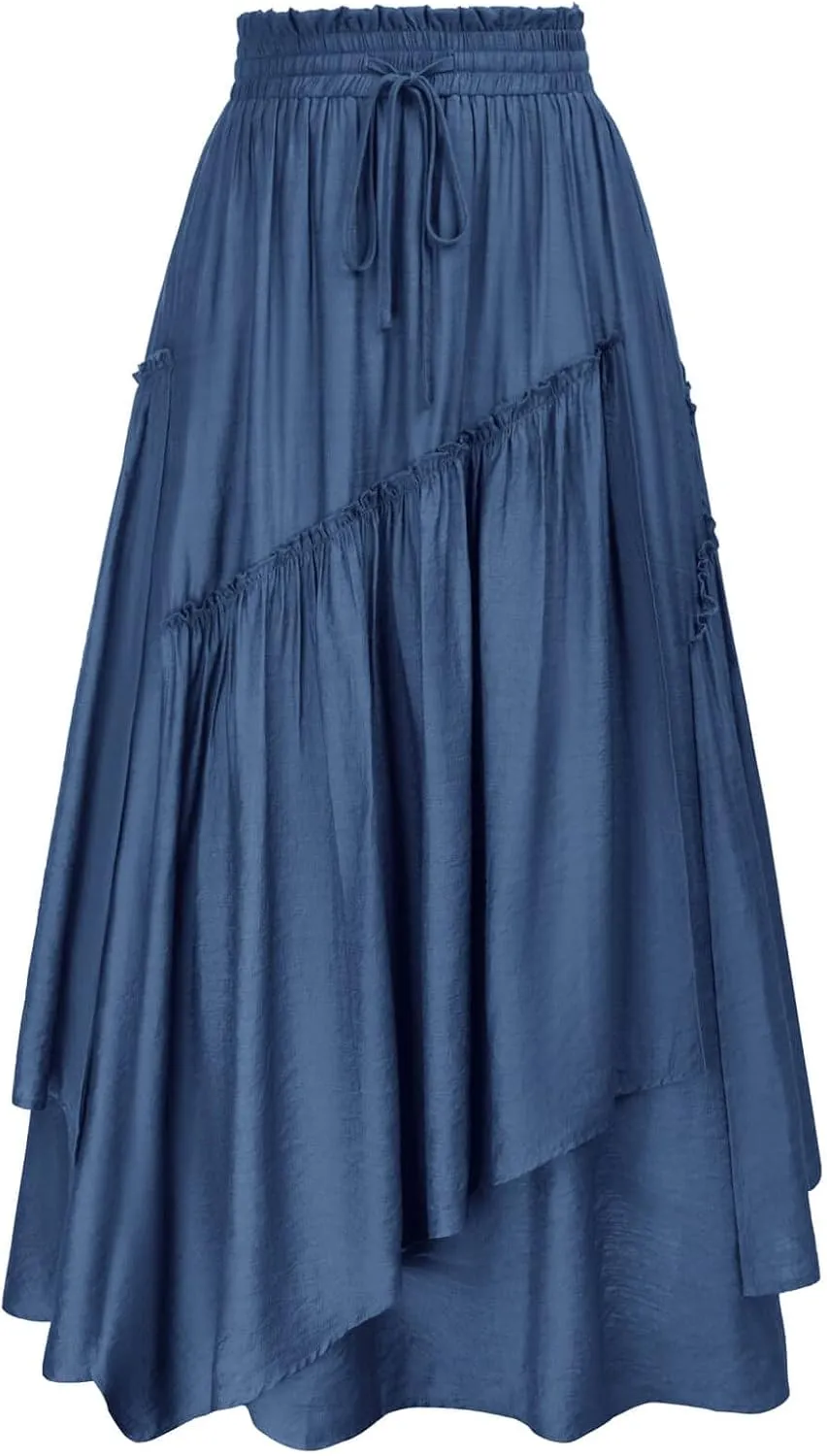 Scarlet Darkness Women Renaissance Layered Long Skirt Elastic High Waist Tiered Skirt with Pockets