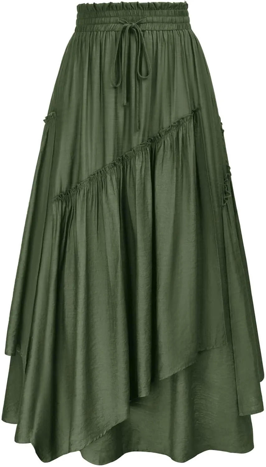 Scarlet Darkness Women Renaissance Layered Long Skirt Elastic High Waist Tiered Skirt with Pockets