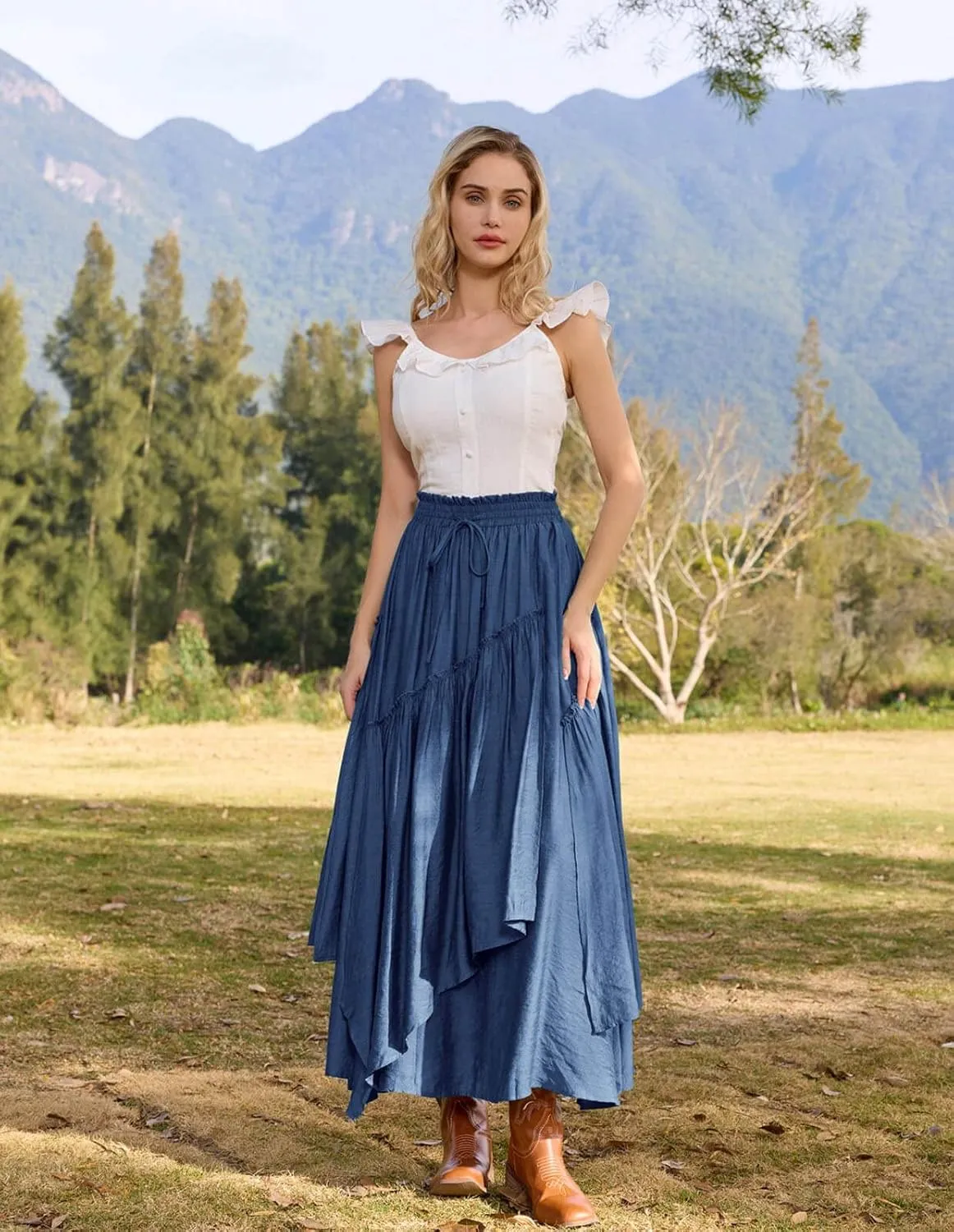 Scarlet Darkness Women Renaissance Layered Long Skirt Elastic High Waist Tiered Skirt with Pockets